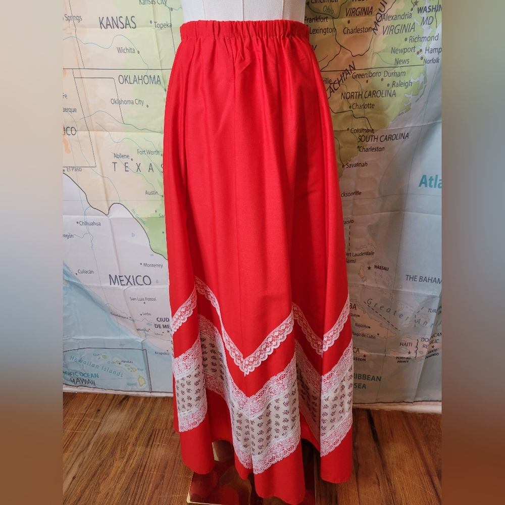 Vintage 1970s Carefree Fashions Red Lace Trim Maxi Skirt
